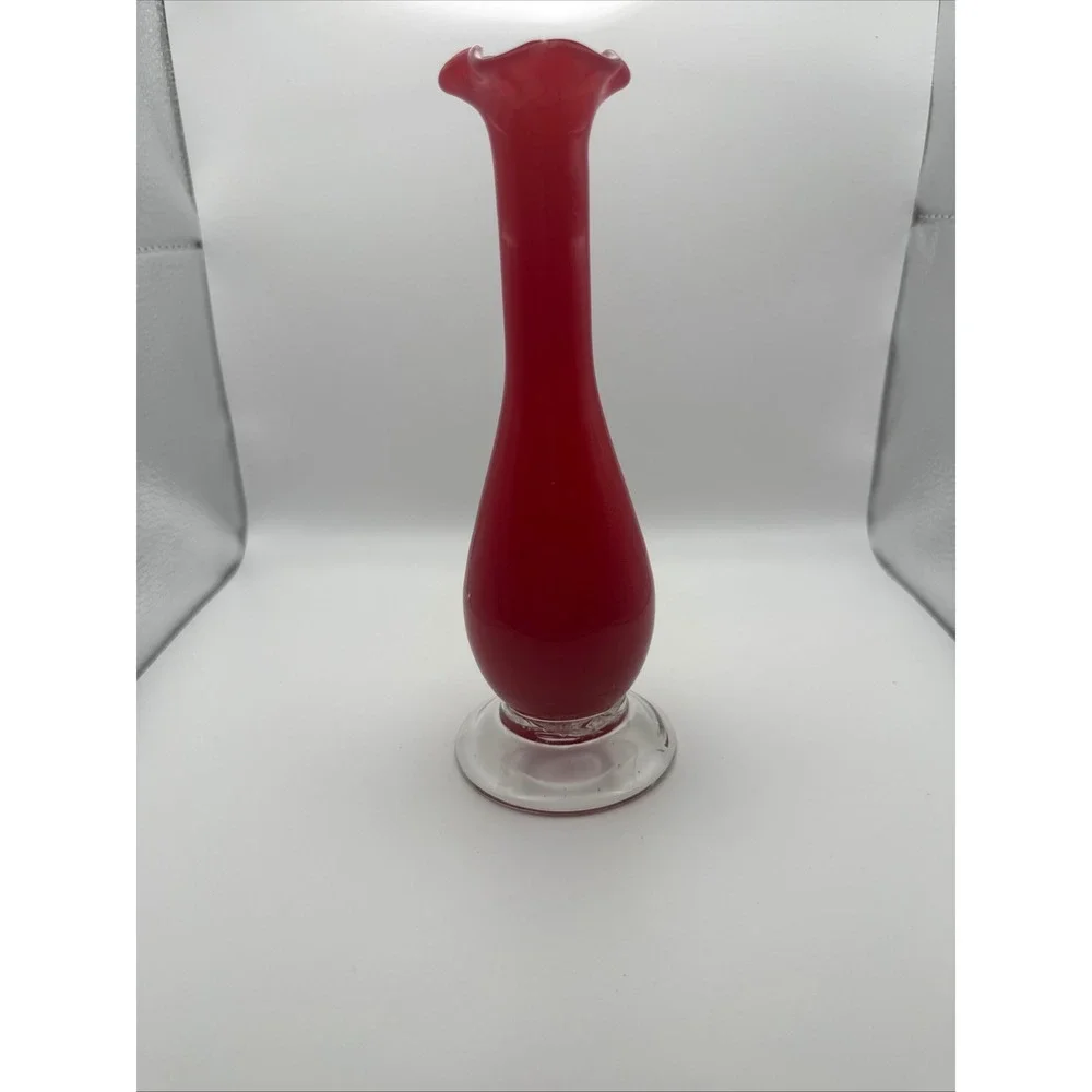 Vintage Red Cased Glass Bud Vase Ruffled Rim Clear Base Mid Century Decor 7.5
